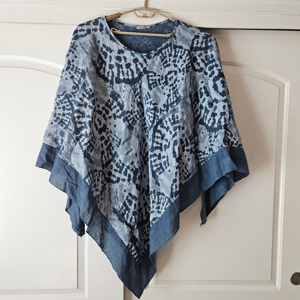 Elena Baldi 100% Linen Poncho Top One Size Shawl Italy Blue Resort Beach Wedding